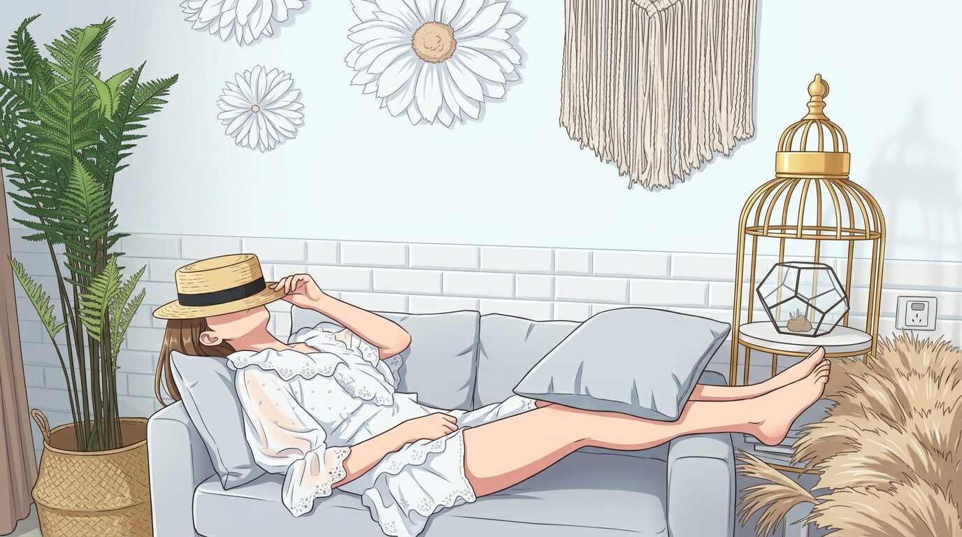 部屋でくつろいでいる女性