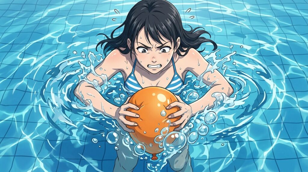 プールで風船を沈めようとしている女性